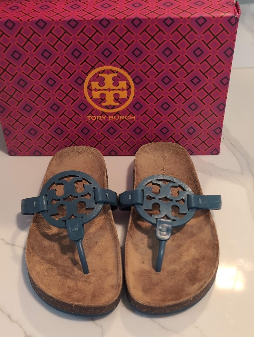 Tory Burch Brisk Blue Miller Cloud Leather Cork Thong Sandals Authentic - Picture 3 of 4